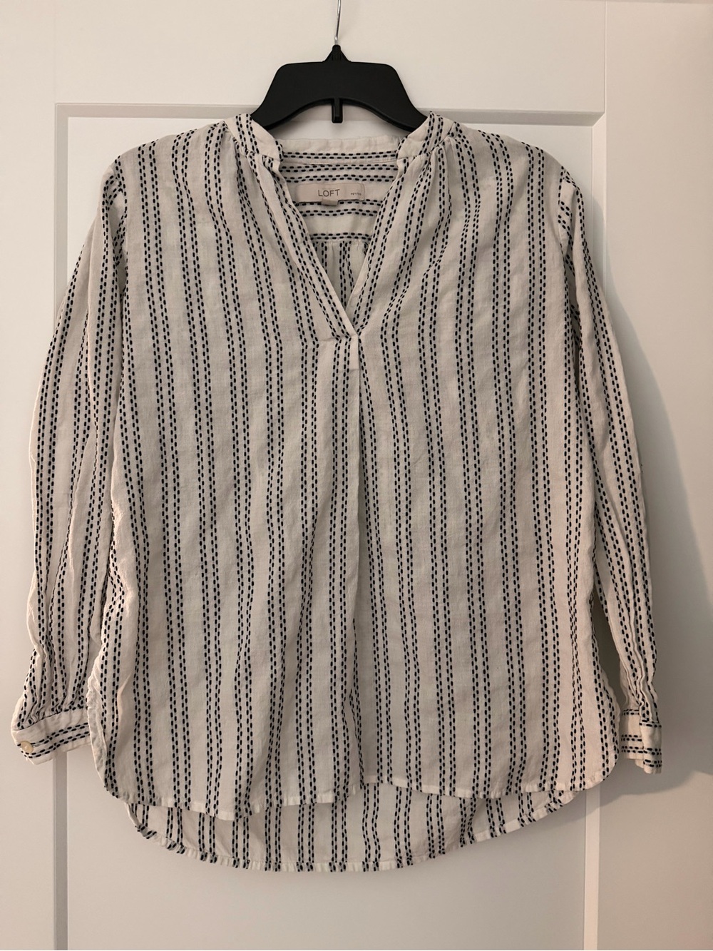 LOFT Whiteand Black Vertical Stripe V-Neck Blouse